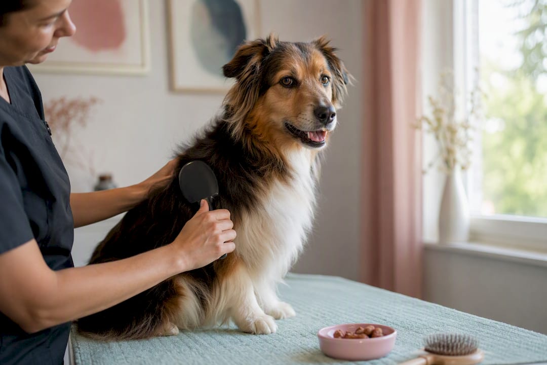 Calm dog being gently brushed during grooming