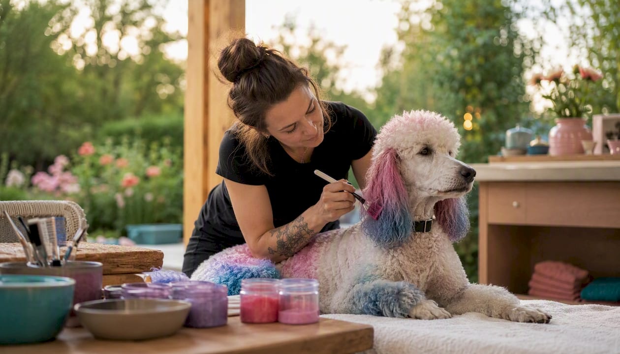 Groomer applying pet-safe dye to poodle's coat