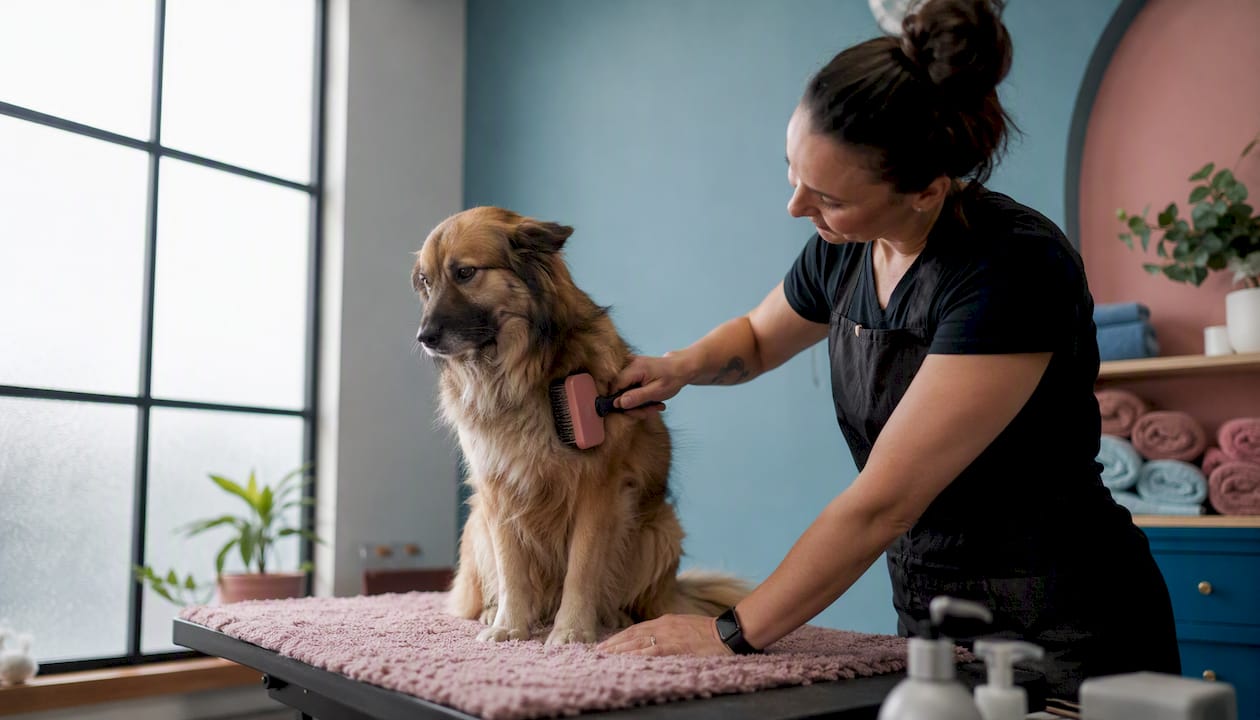 Calm dog groomed in cage-free spa