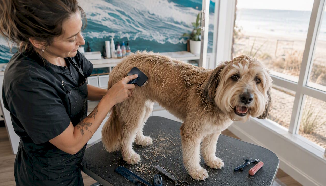 Groomer dry brushing sandy dog coat