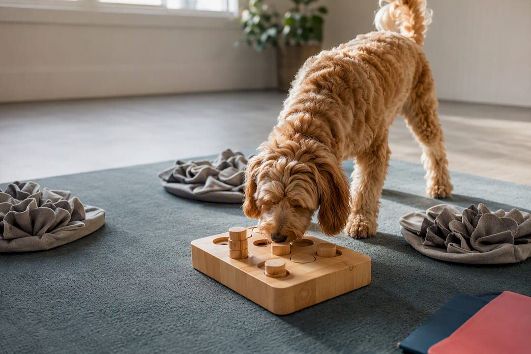Dog investigating a daycare scent puzzle