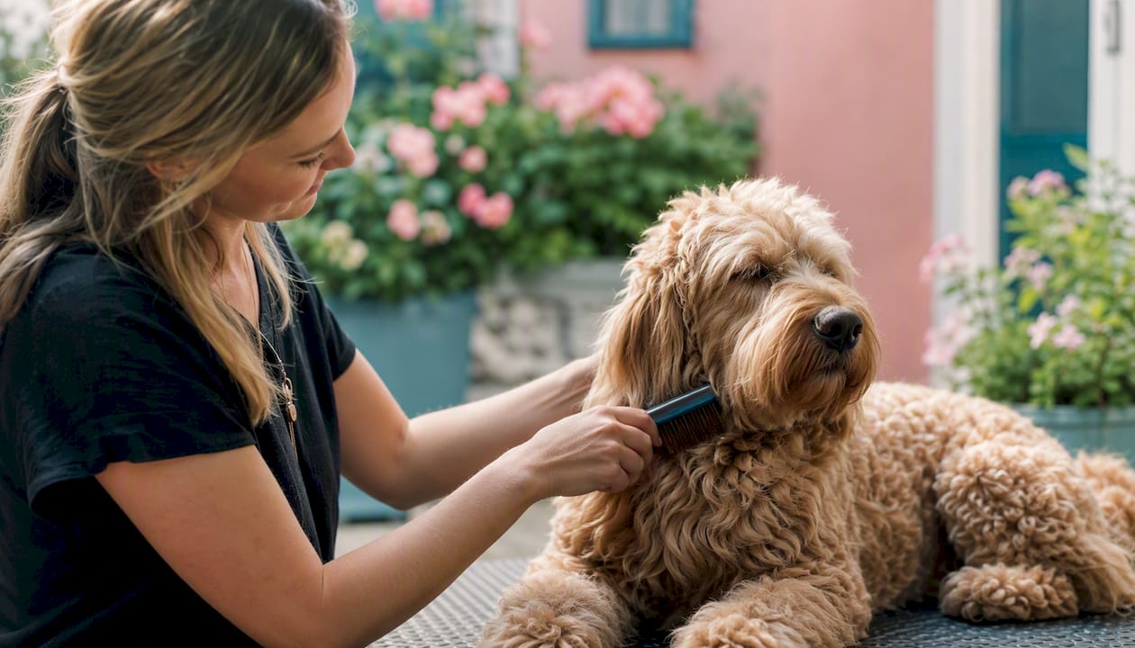 Groomer brushing curly dog coat in boutique spa