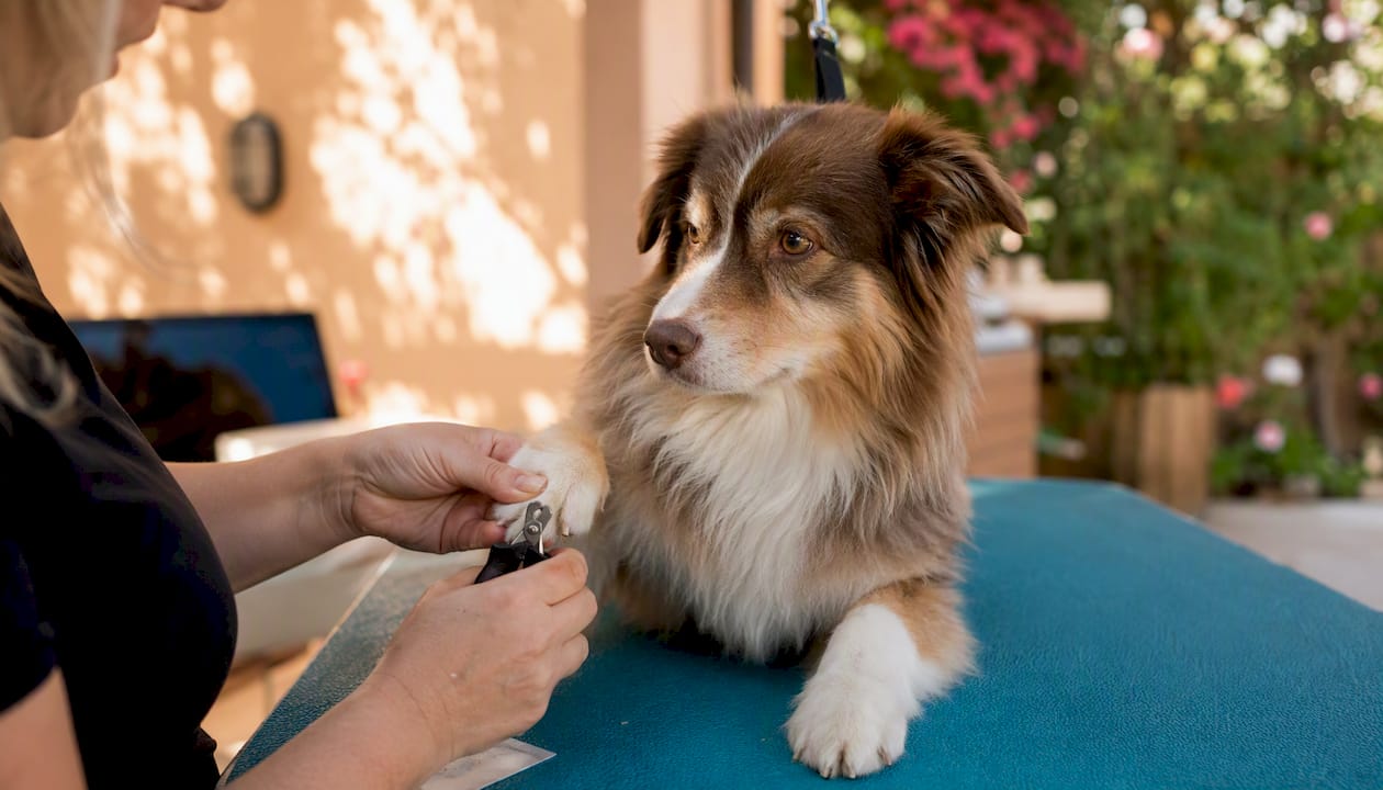 Groomer gently trimming dog's nails