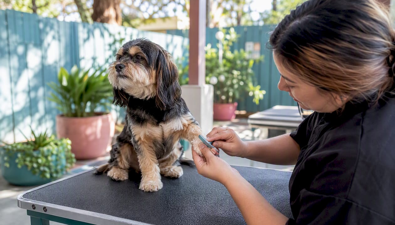 Calm dog in cage-free grooming nail trim