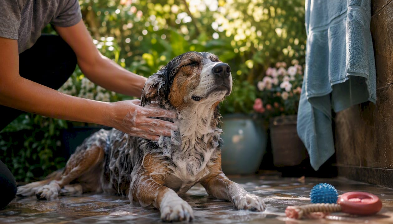 Dog getting gentle flea bath at home tub