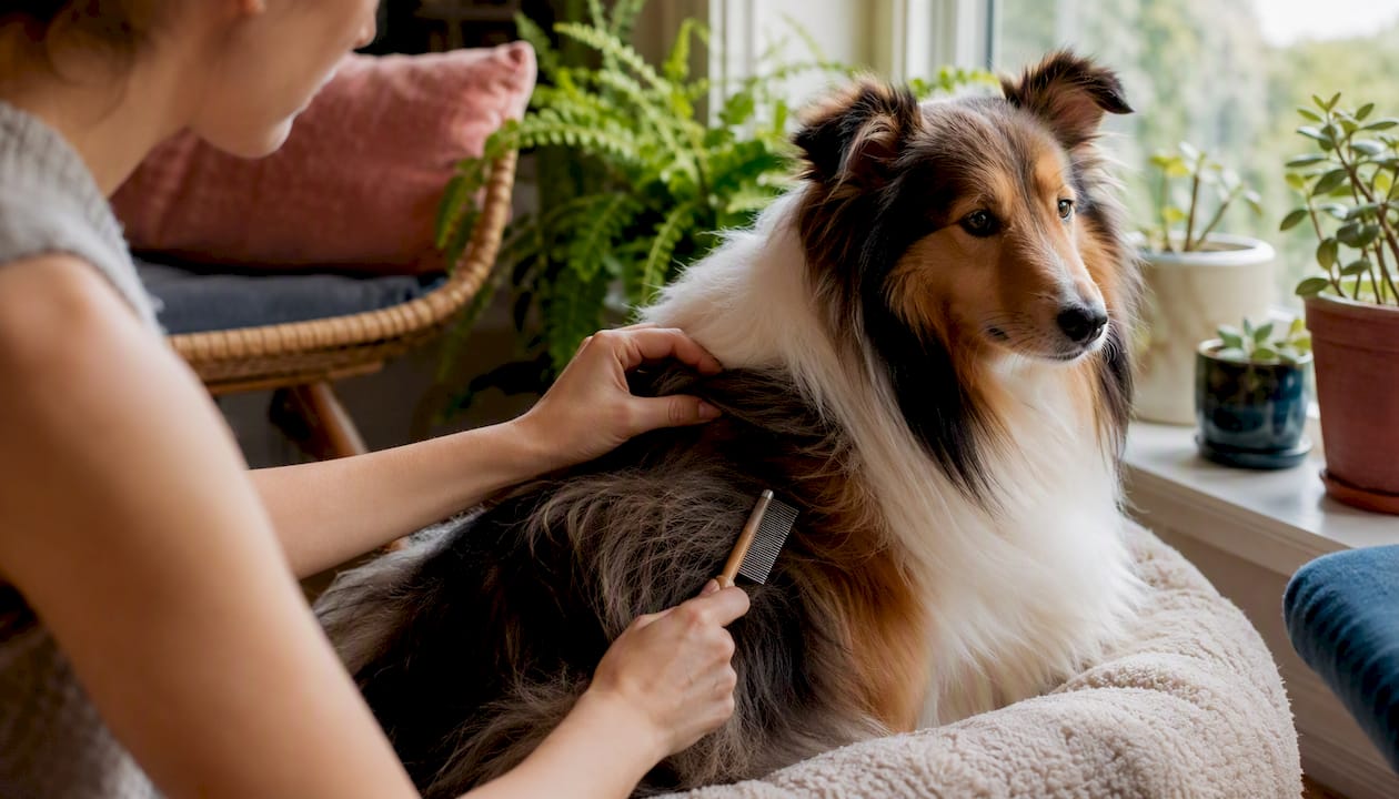 Flea comb used on long-haired dog coat