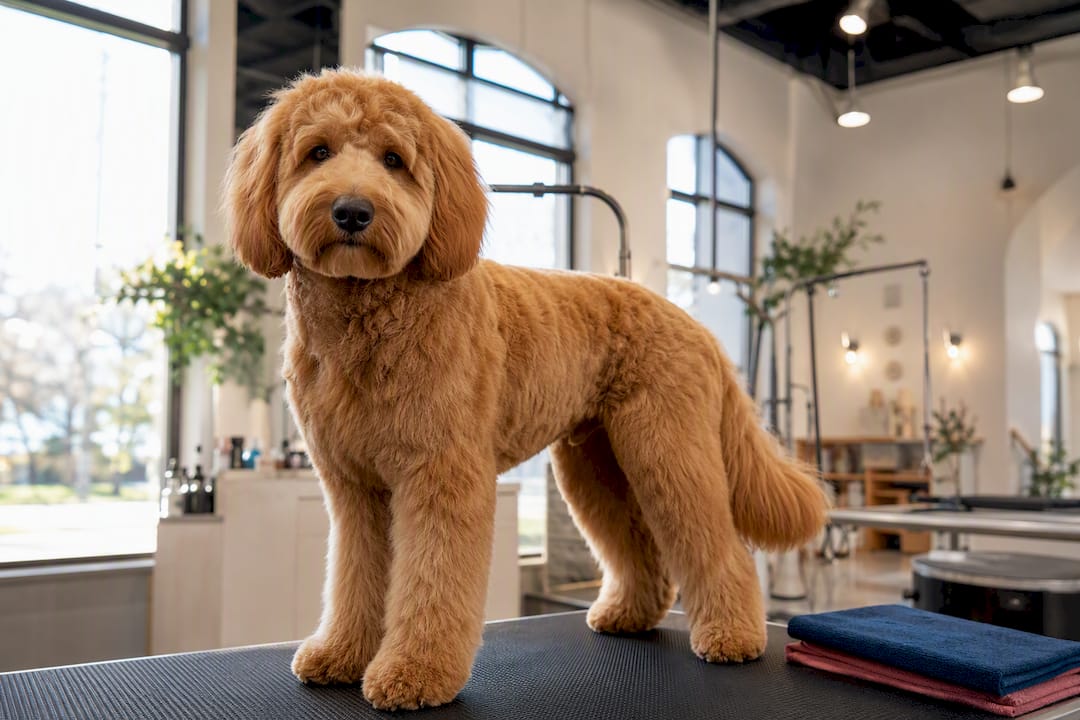 Goldendoodle wearing a rounded teddy bear cut