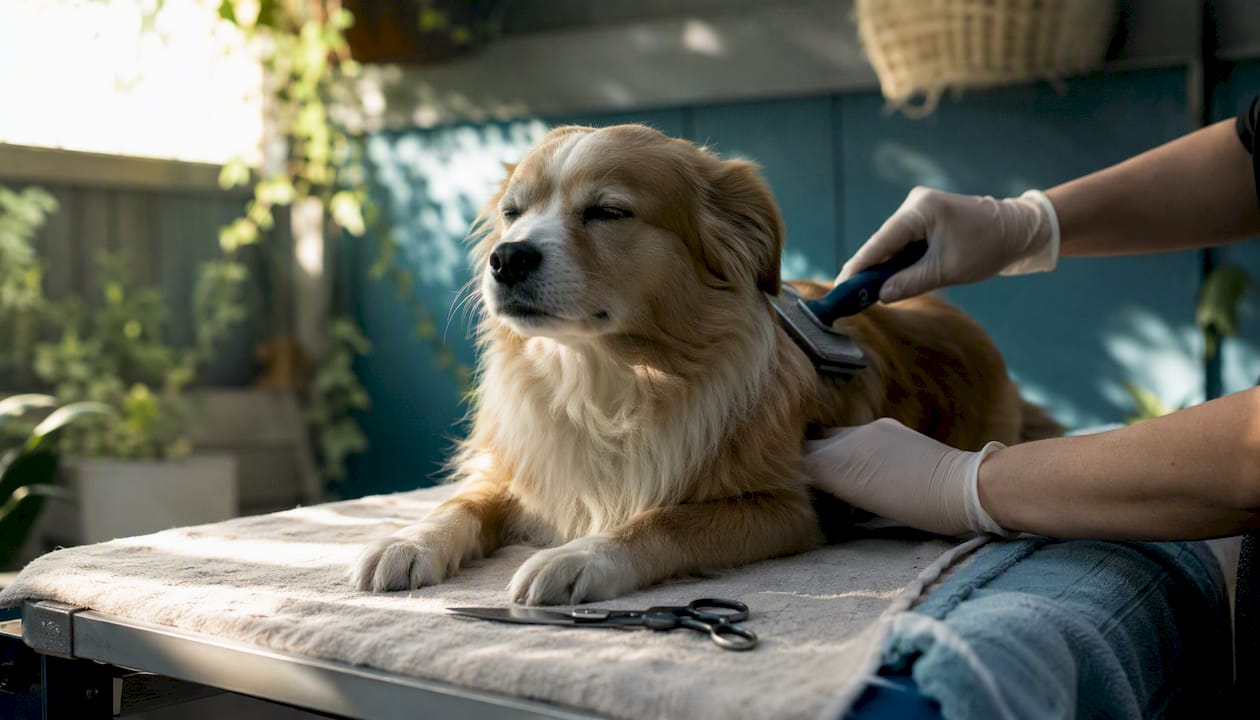 Calm dog being gently groomed at boutique spa