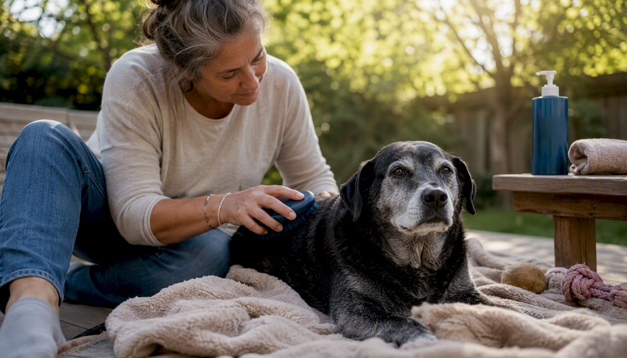 Senior dog lying calmly while being brushed