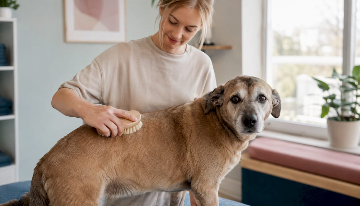Soft-bristle brush grooming senior dog coat