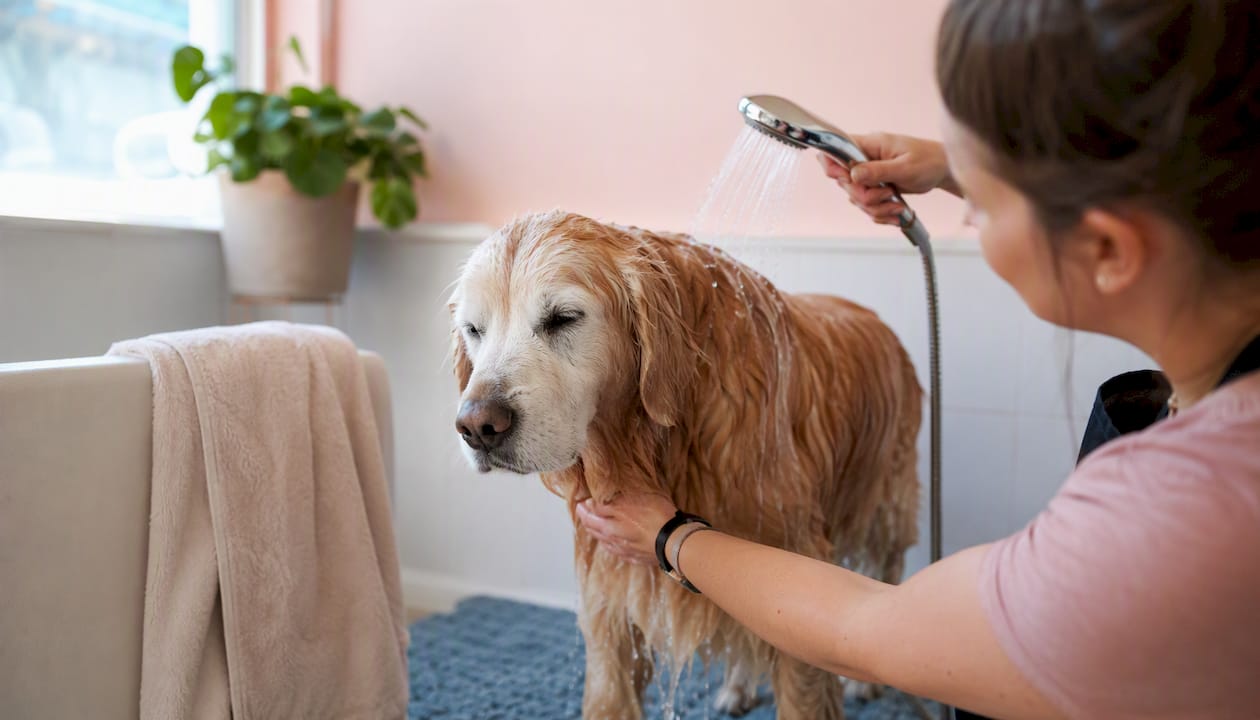 Senior dog bathing with handheld sprayer