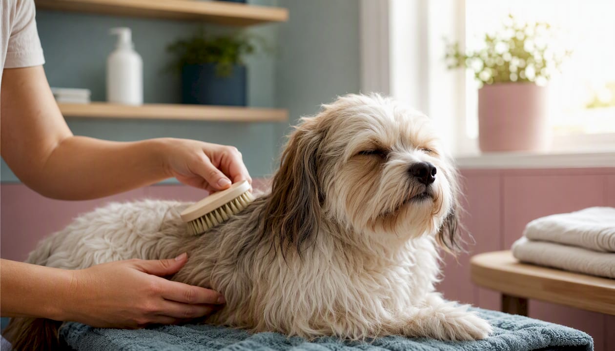 Gentle grooming of sensitive dog with soft brush