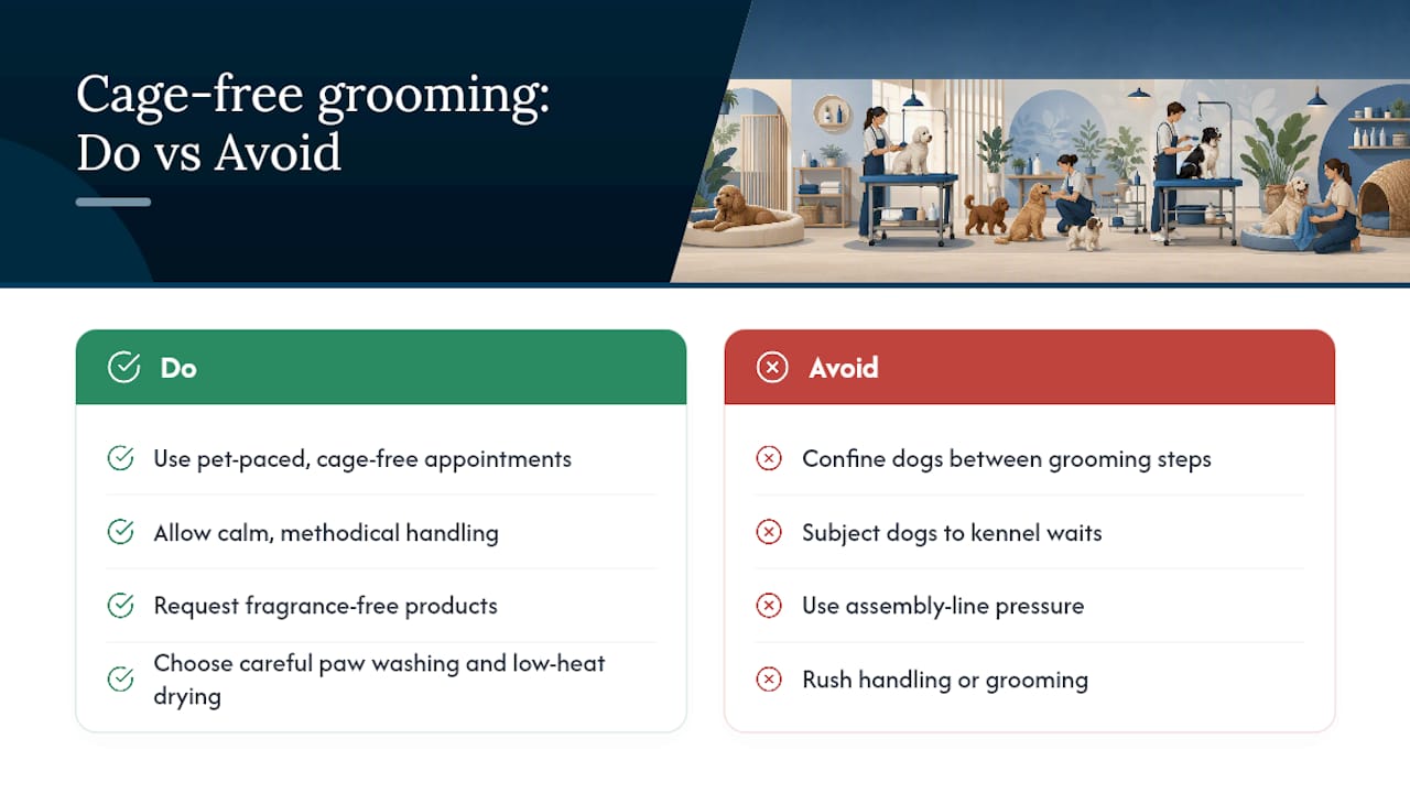 Why Pamperedpups-grooming's cage-free approach works for sensitive dogs — overview diagram