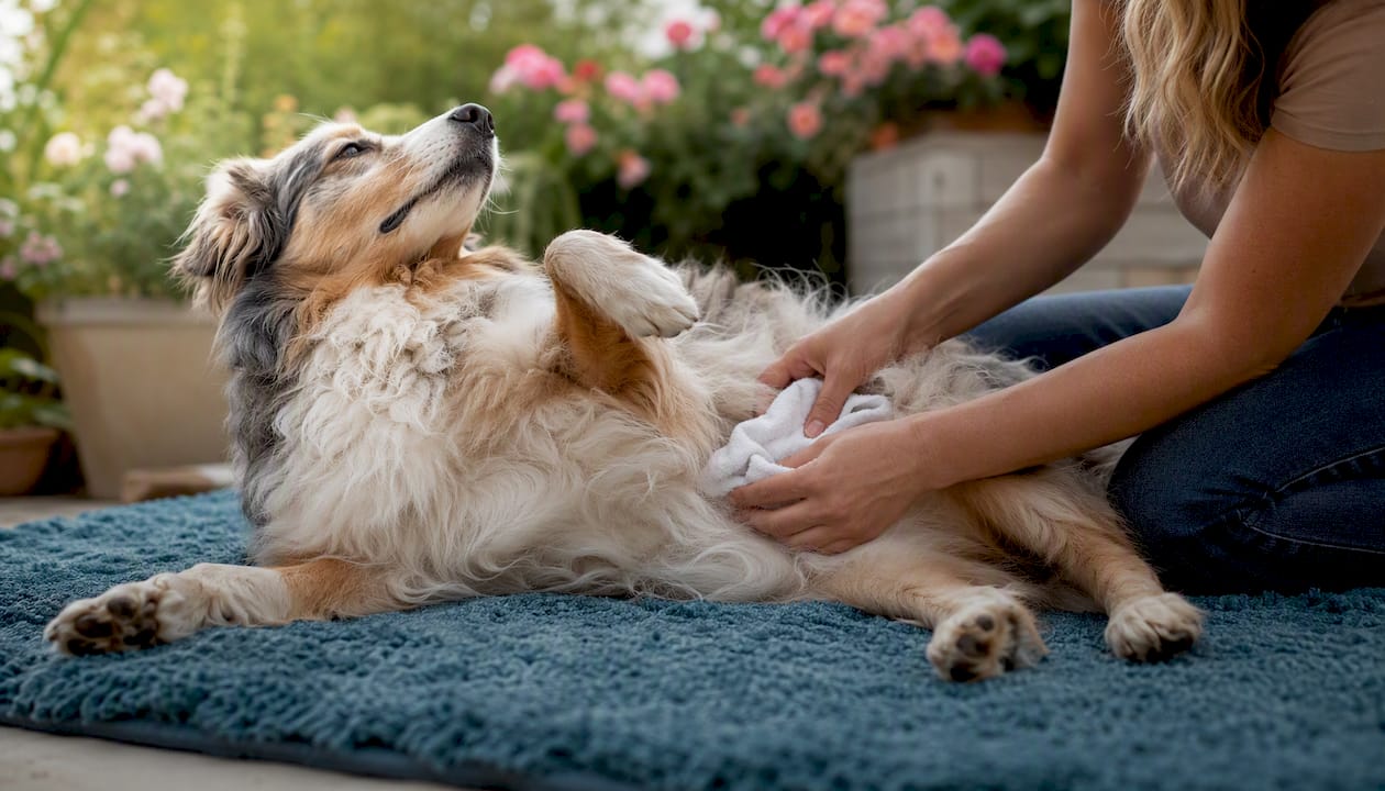 Dog receiving soothing compress after grooming