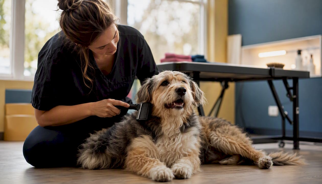 Groomer brushing calm dog in open grooming space