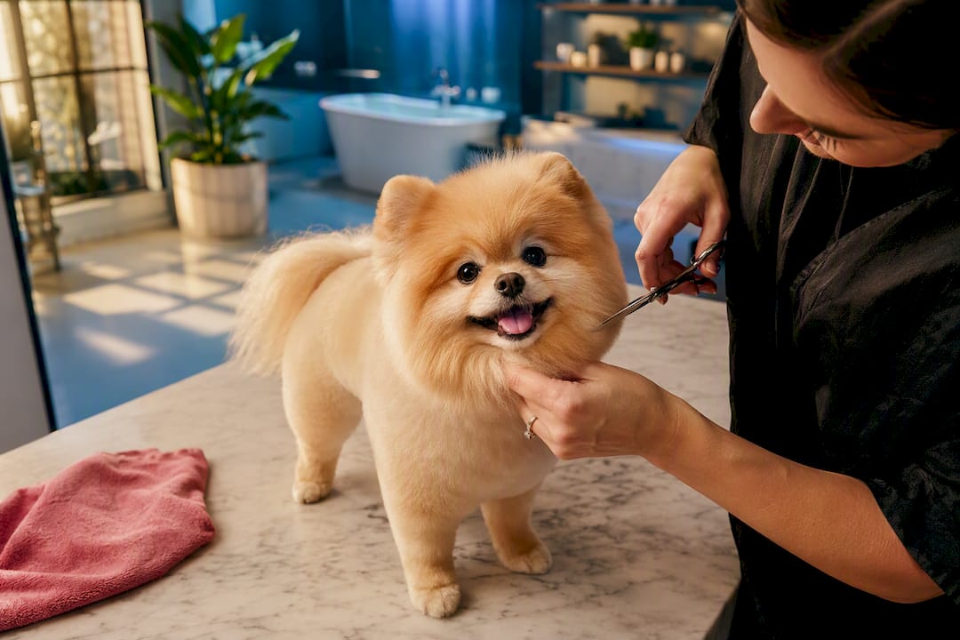 Pomeranian receiving a scissored lion-style trim