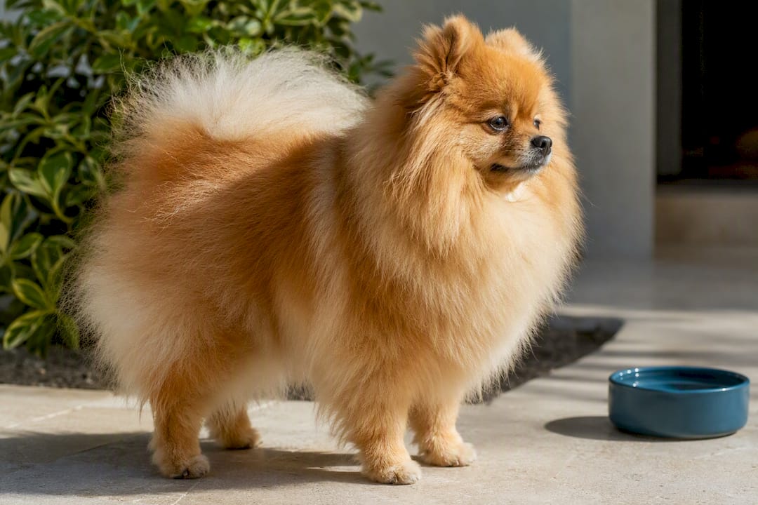 Full-coated Pomeranian standing in sunlight