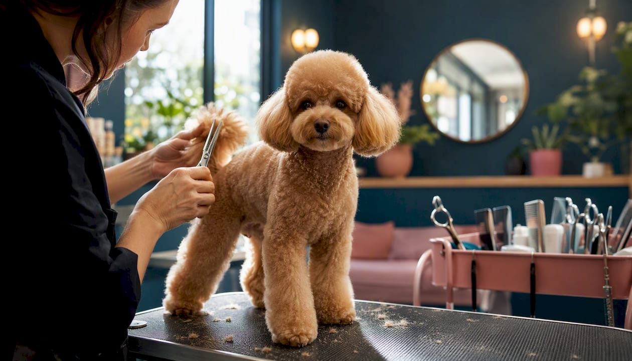 Groomer trimming poodle's coat in spa