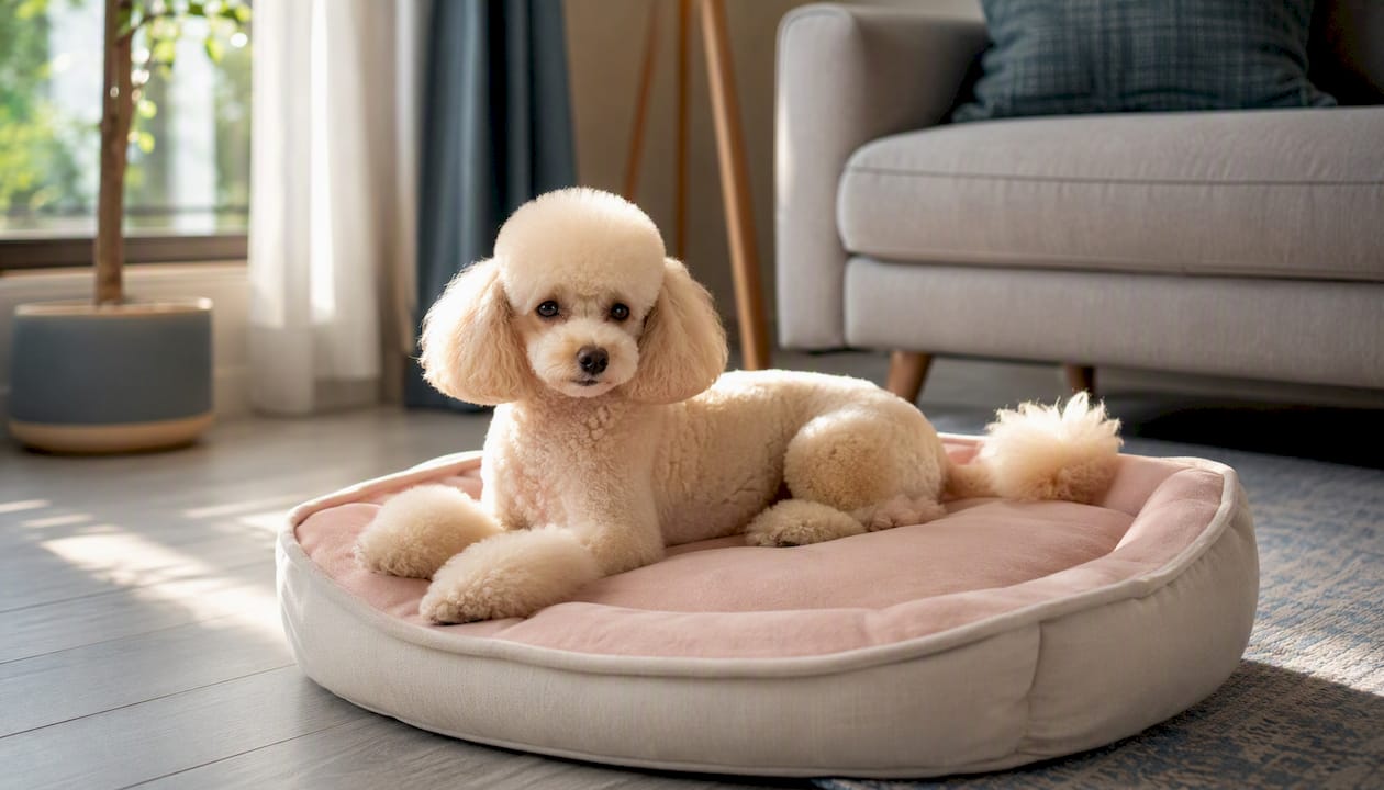 Poodle with Puppy clip sitting calmly