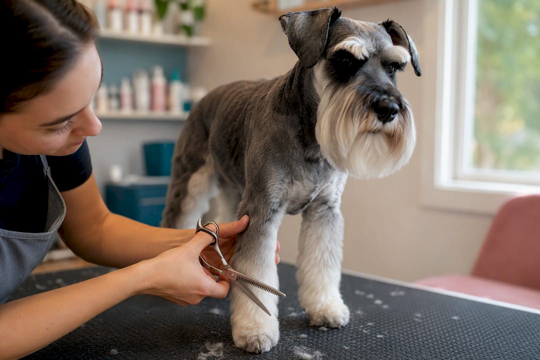Groomer clipping a miniature schnauzer's coat