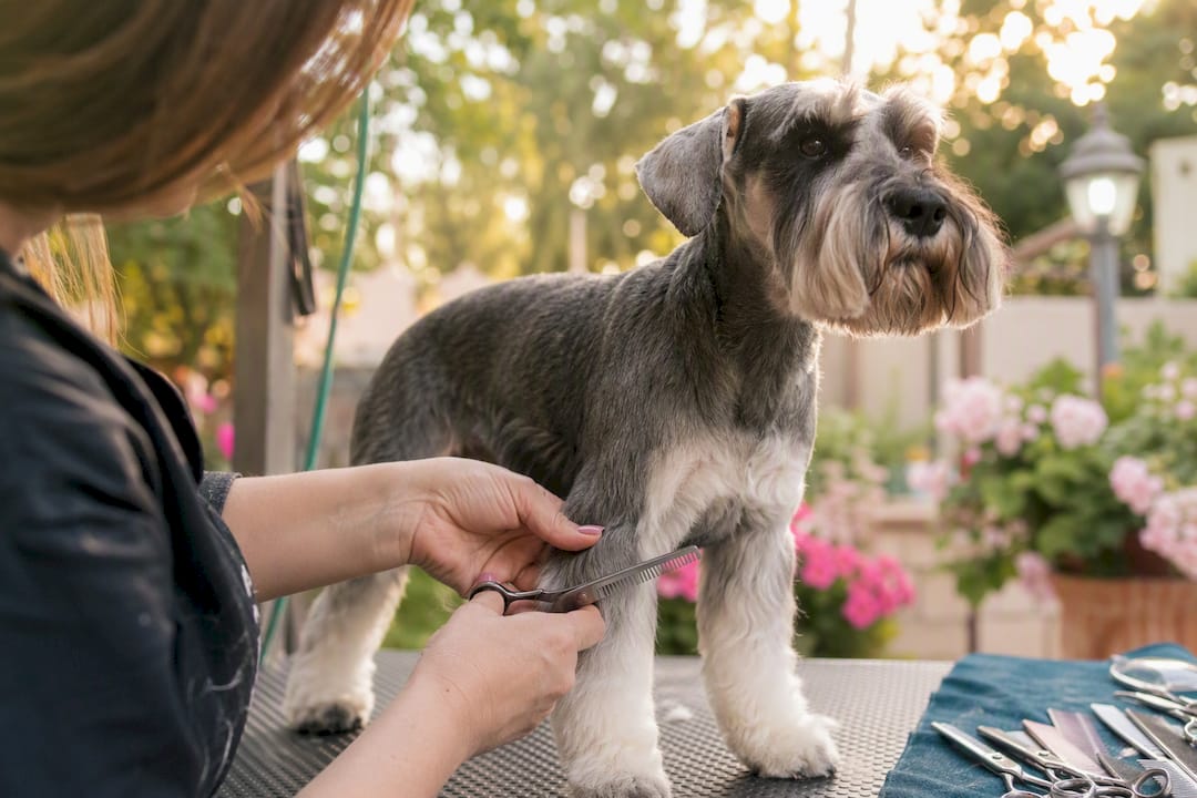 Groomer blending schnauzer leg fur with thinning shears