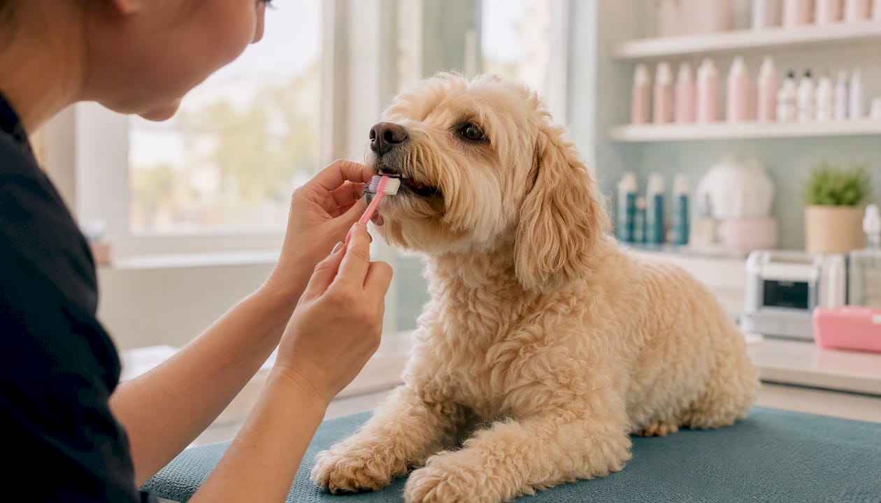 Dog having teeth brushed in a grooming salon