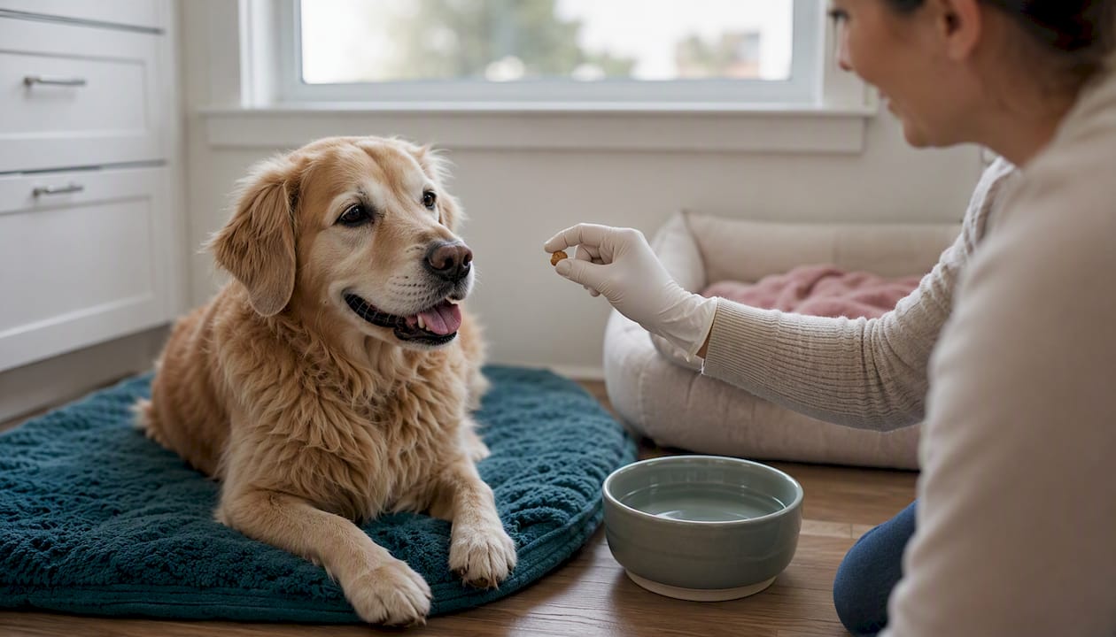 Dog receiving treat after toothbrushing