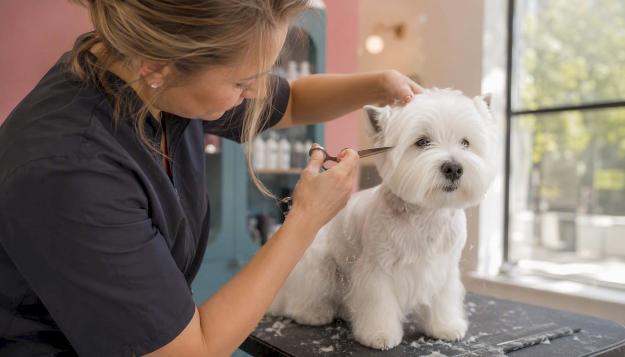 Westie being gently groomed on table