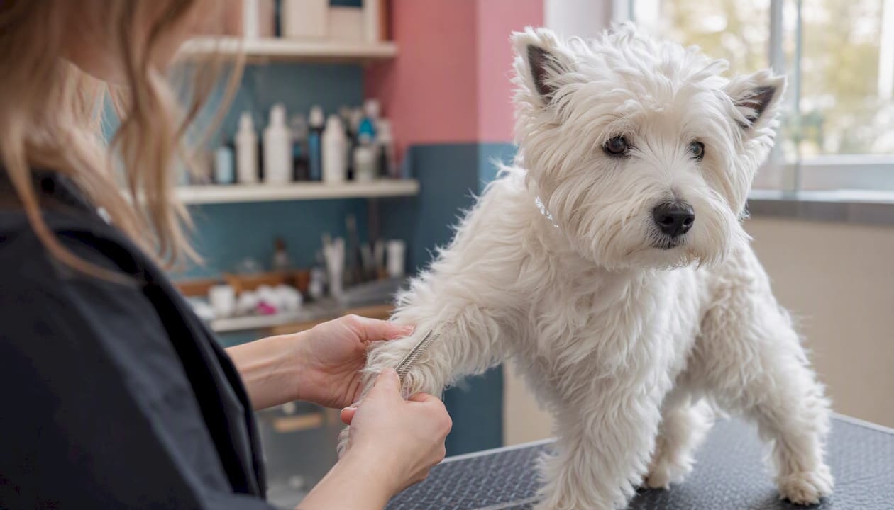 Hand-stripping Westie coat with stripping knife