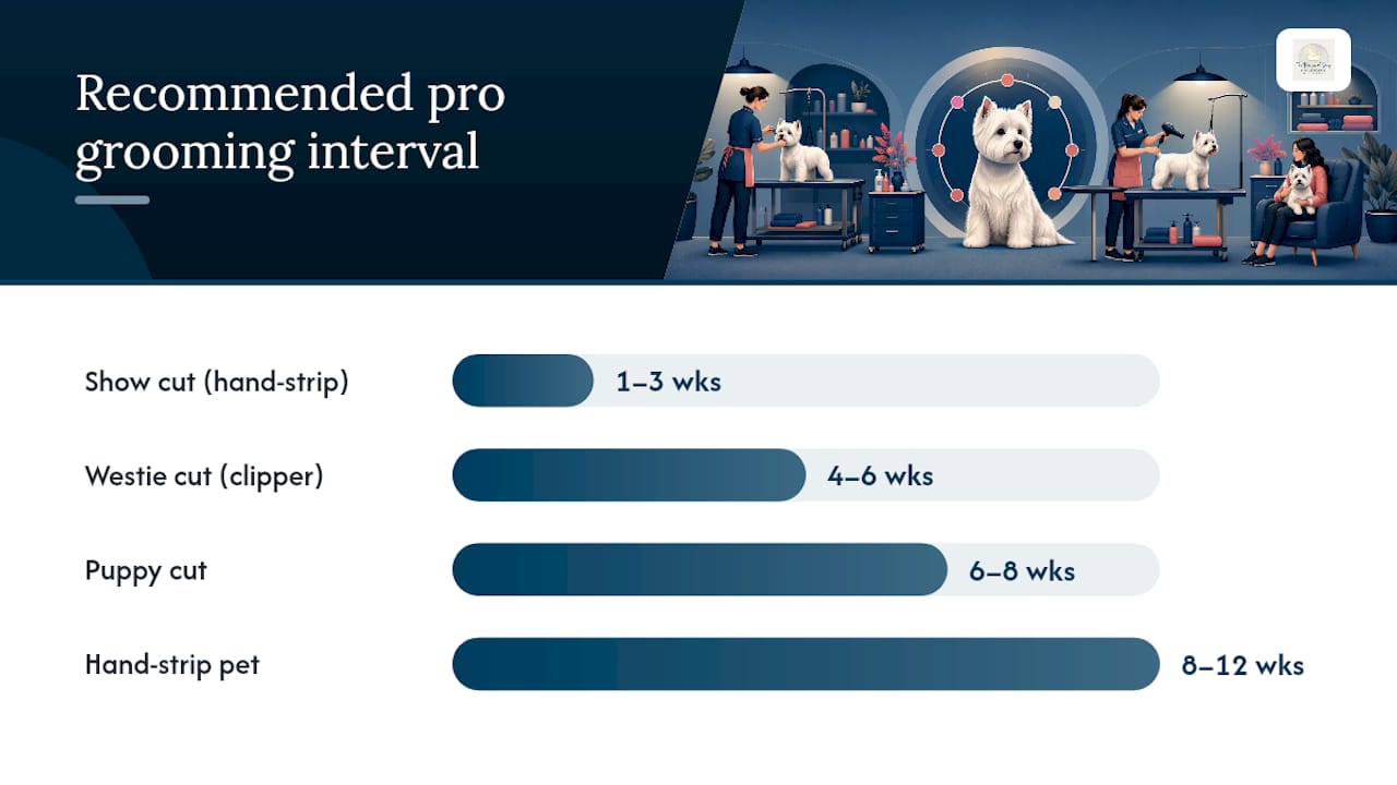 Diagram comparing Westie grooming styles, frequency, and techniques
