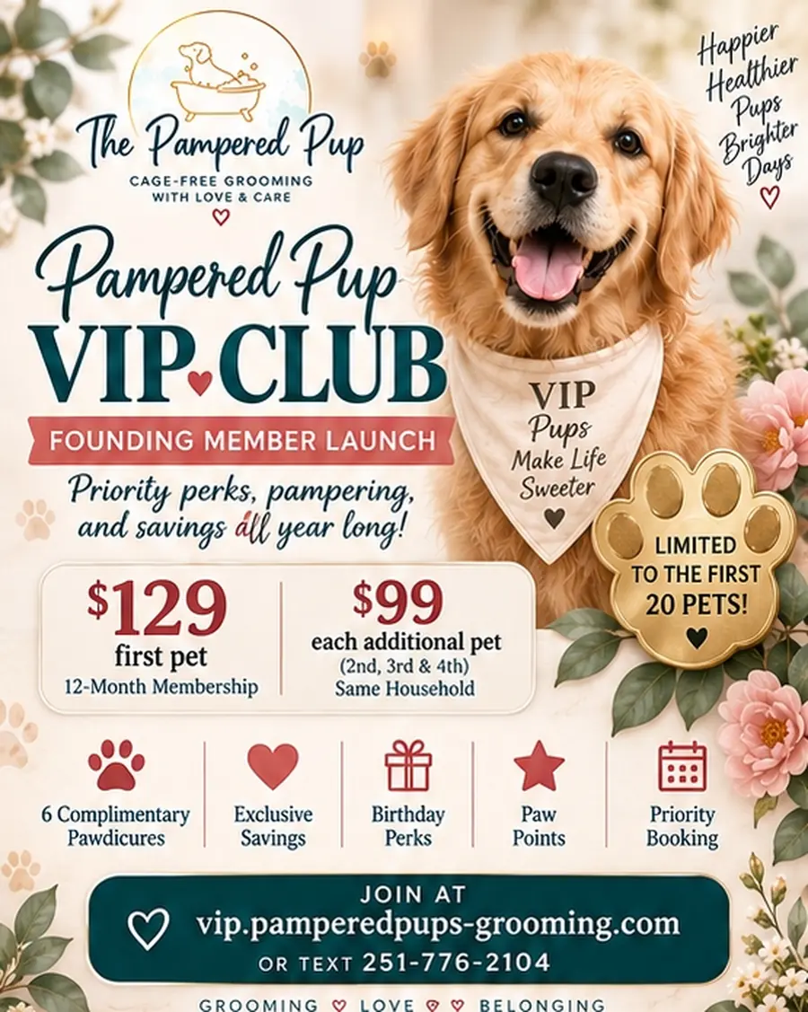 The Pampered Pup VIP Club founding member launch: $129 for your first pet and $99 for each additional pet, a 12-month membership limited to the first 20 pets