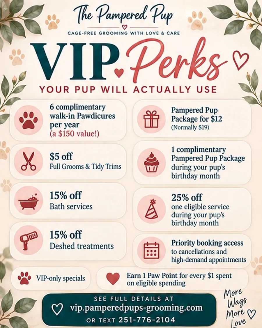 The Pampered Pup VIP Club perks list including complimentary Pawdicures, discounts on grooms, baths and de-shed treatments, birthday perks, priority booking, and Paw Points